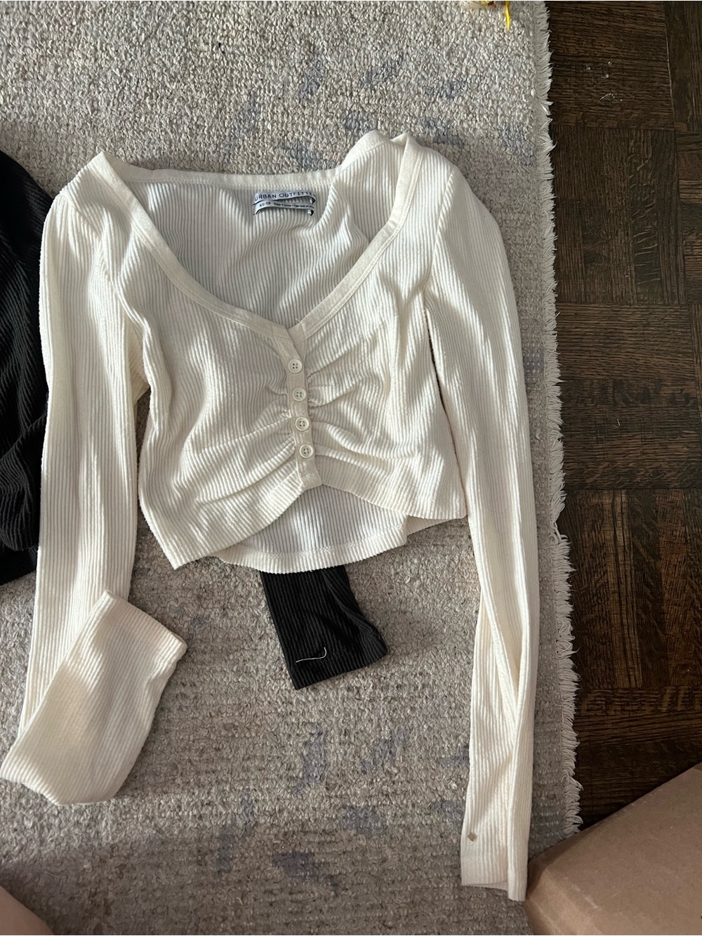 UP Ribbed Button-Front Cropped Long Sleeve Top - Cream